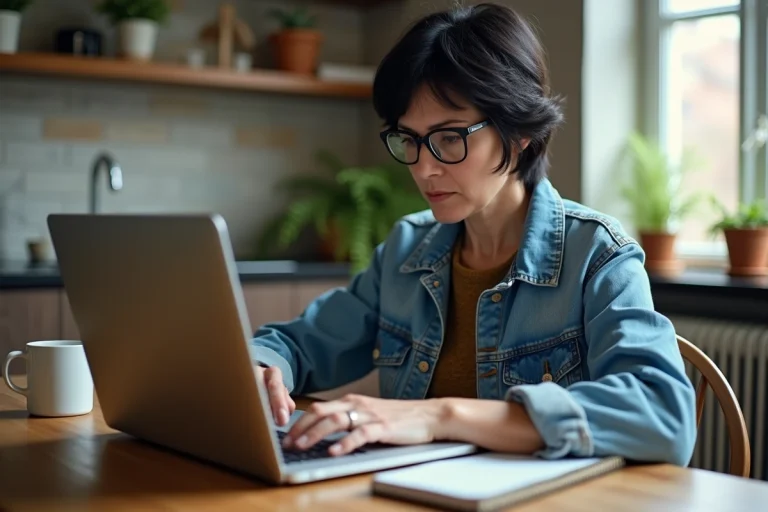 Femme lisant un site d'actualités indépendant à la maison