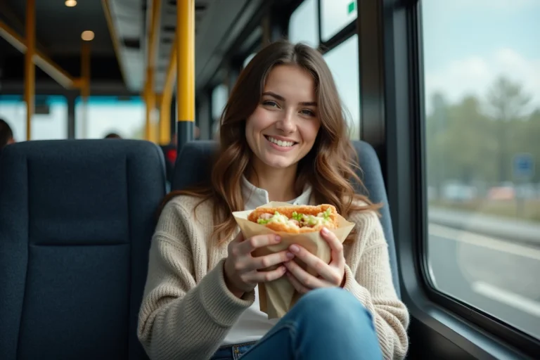 Femme souriante dans un bus moderne en train de manger un sandwich