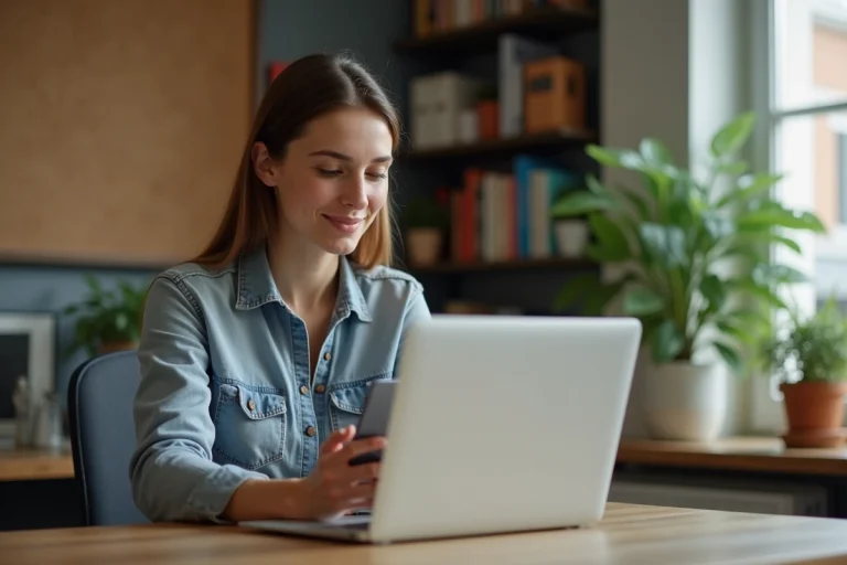 Femme assise vérifiant ses statistiques Instagram sur son ordinateur