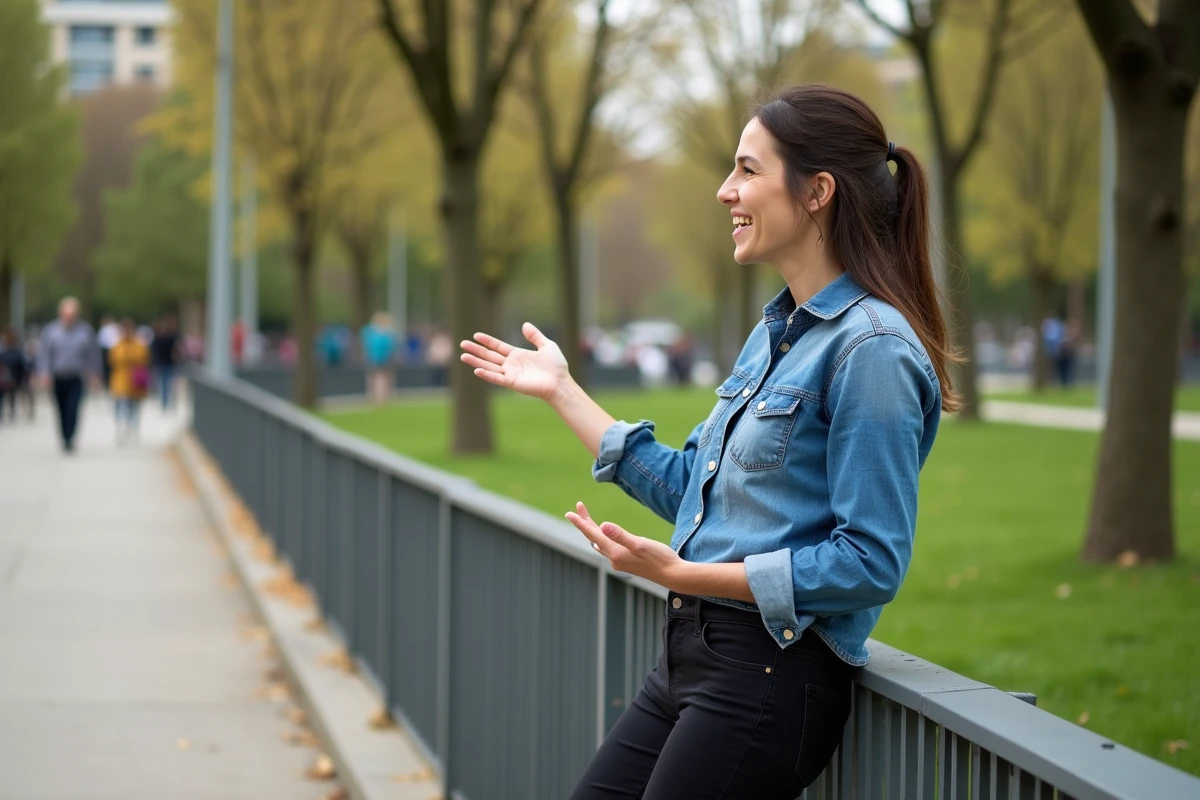 Femme française discutant dans un parc urbain en plein air