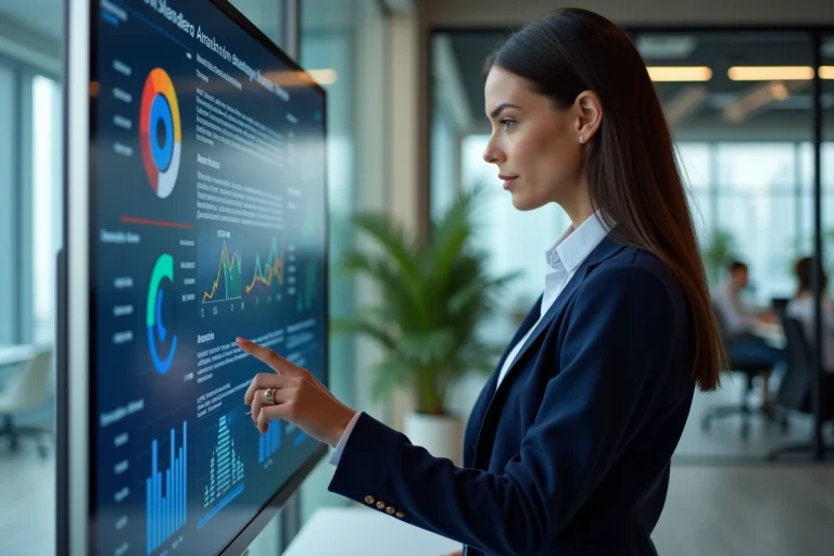 Femme professionnelle interagissant avec un écran tactile affichant des tableaux de bord analytiques dans un bureau moderne et connecté