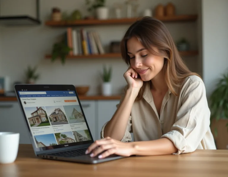 Femme consultant des annonces immobilières sur son ordinateur portable dans une cuisine moderne et chaleureuse