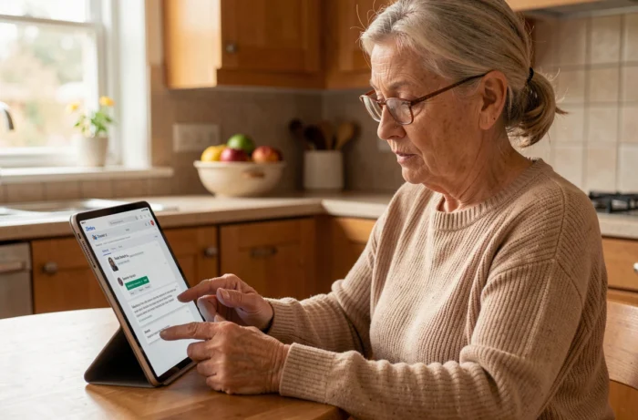 Femme senior consultant ses emails Alice Zimbra sur une tablette dans une cuisine chaleureuse à domicile