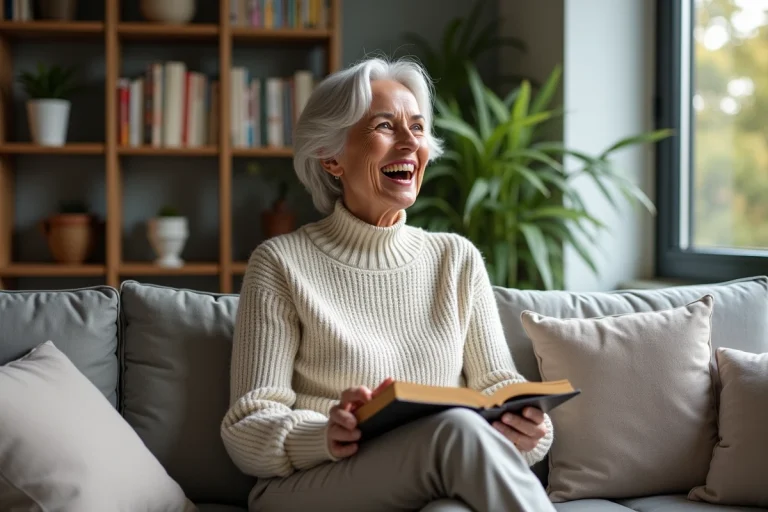Femme senior souriante dans un salon cosy avec livre