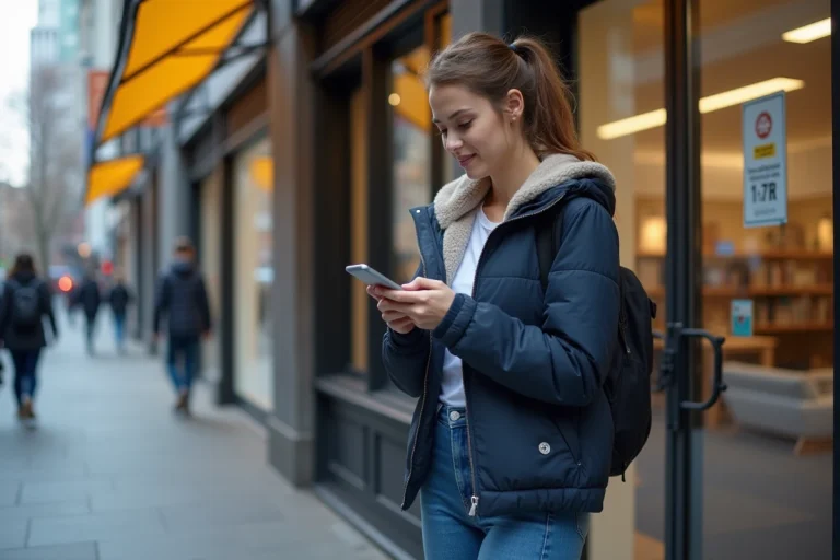 Femme en ville vérifiant son smartphone devant un magasin