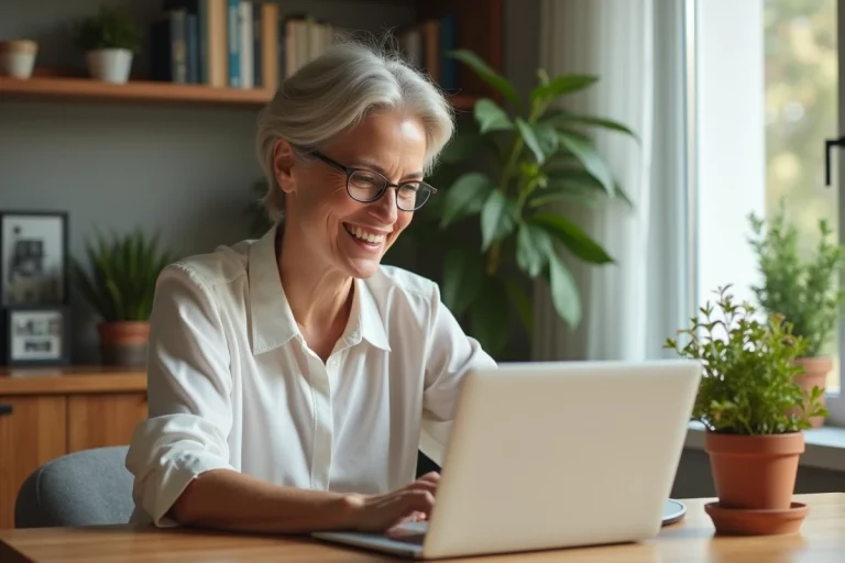 Femme souriante utilisant un ordinateur portable dans un intérieur lumineux
