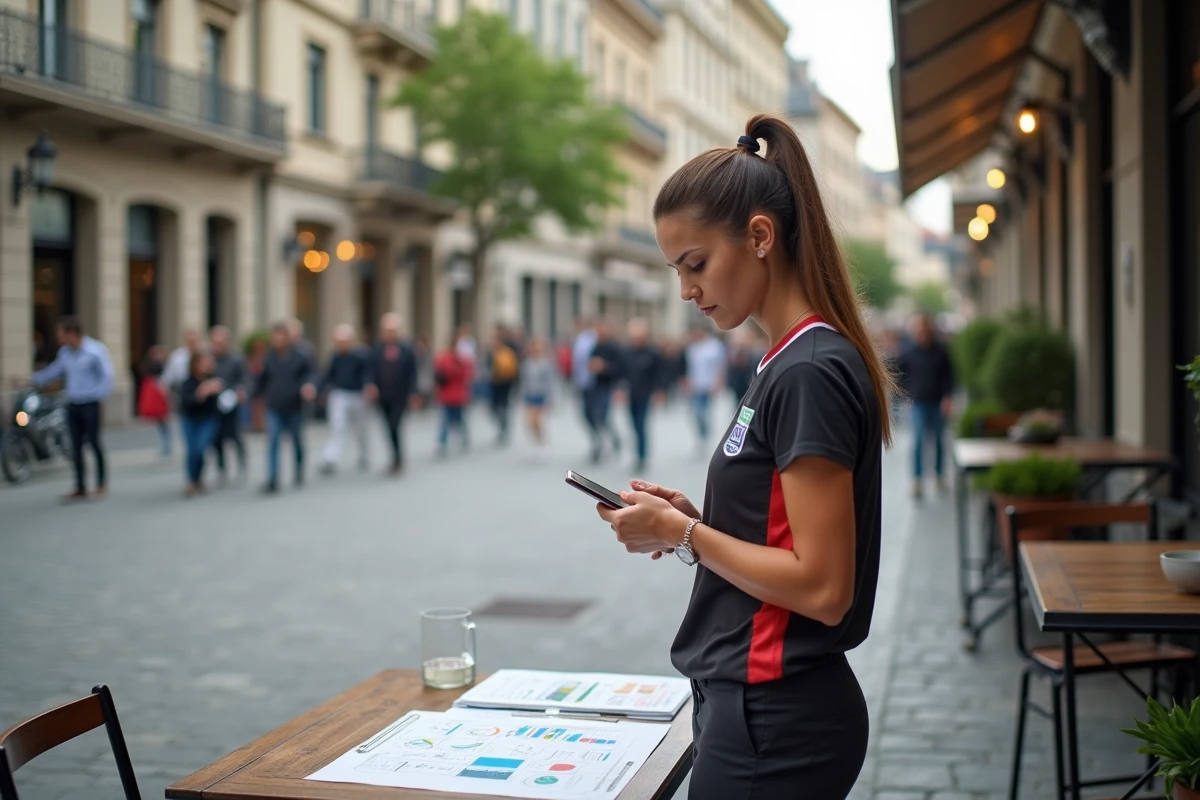 Femme analysant des statistiques dans un café en ville