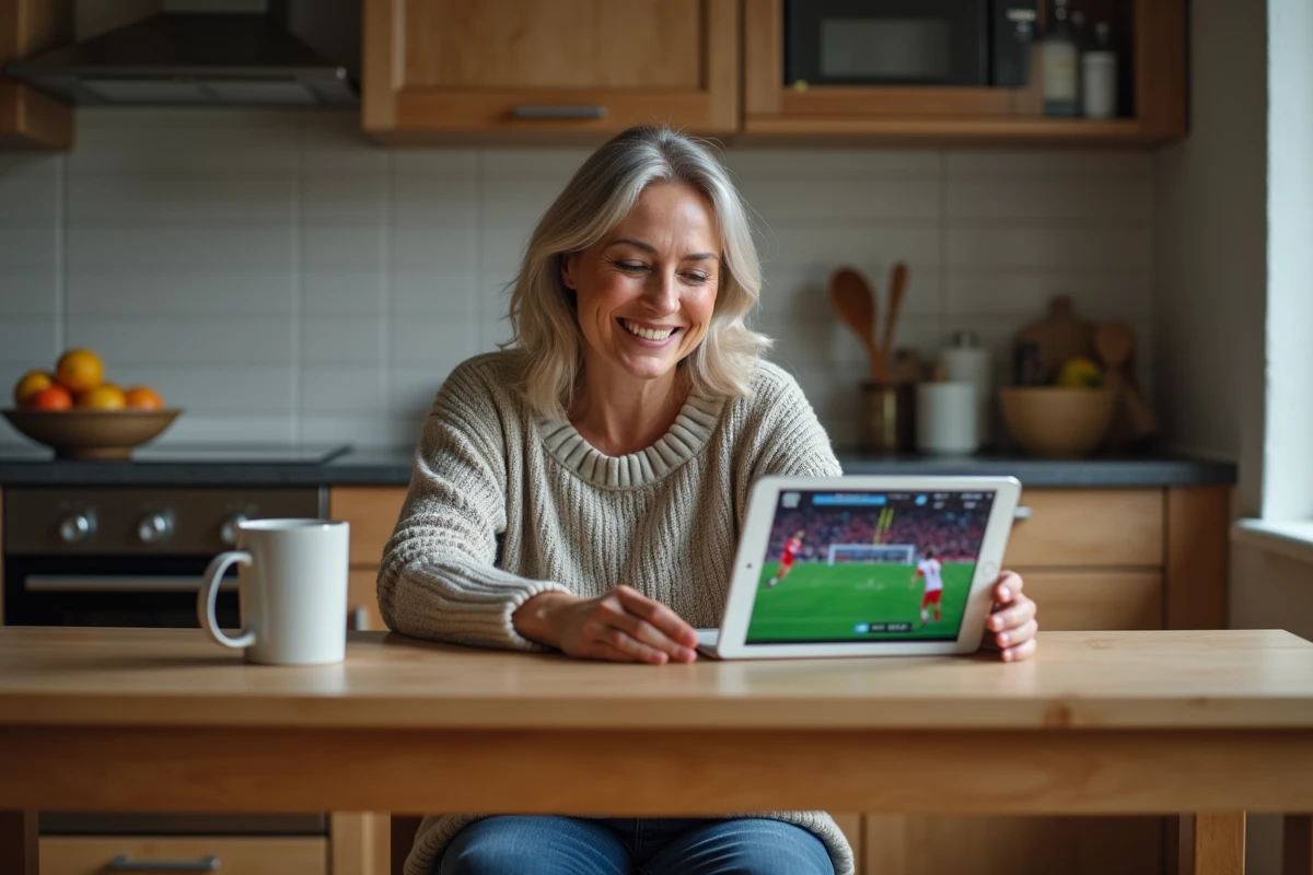 Femme souriante regardant un match de football sur une tablette