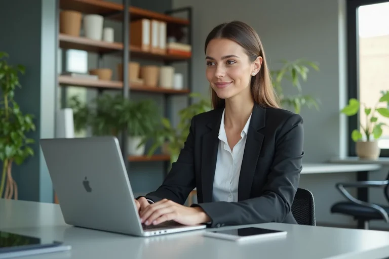 Femme confiante en costume au bureau lors d'une formation en ligne