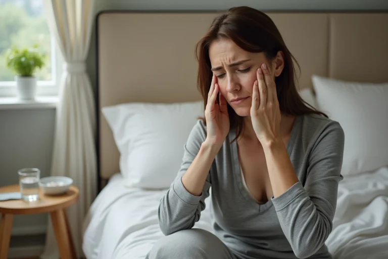 Femme souffrant des effets secondaires d'un surdosage en lévothyroxine assise sur son lit avec une expression de malaise