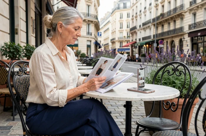 Femme mature consultant un lookbook de tendances mode en terrasse de café dans une rue parisienne