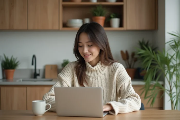 Jeune femme travaillant sur son ordinateur dans la cuisine