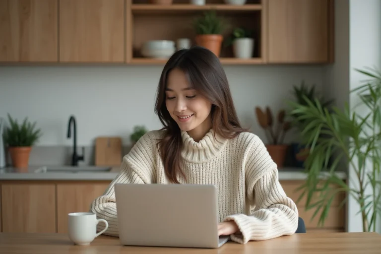 Jeune femme travaillant sur son ordinateur dans la cuisine