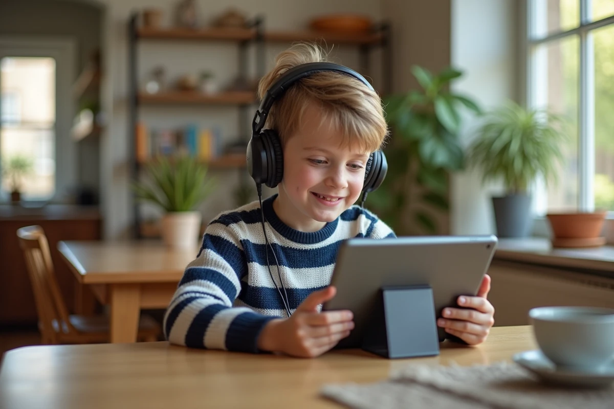 Garçon de neuf ans en séance de thérapie vidéo à la maison