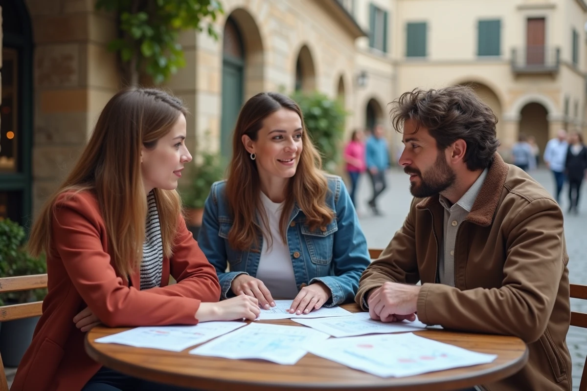 Groupe de trois adultes discutant autour d un café en village