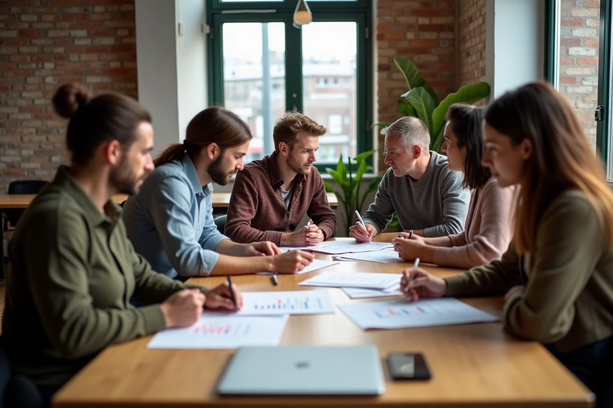 Groupe diversifié en réunion de formation dans un espace lumineux