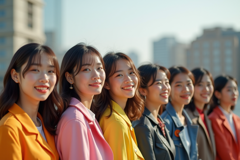 Groupe d'idoles Kpop diversifié en plein air en journée
