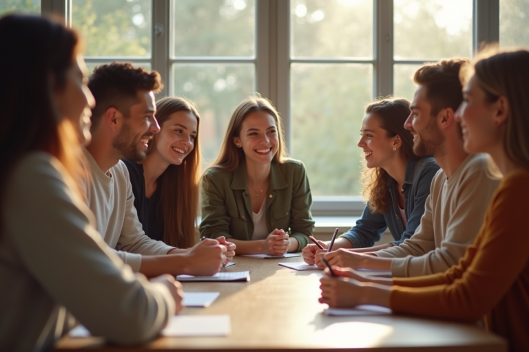 Groupe de jeunes adultes souriants autour d'une table lumineuse