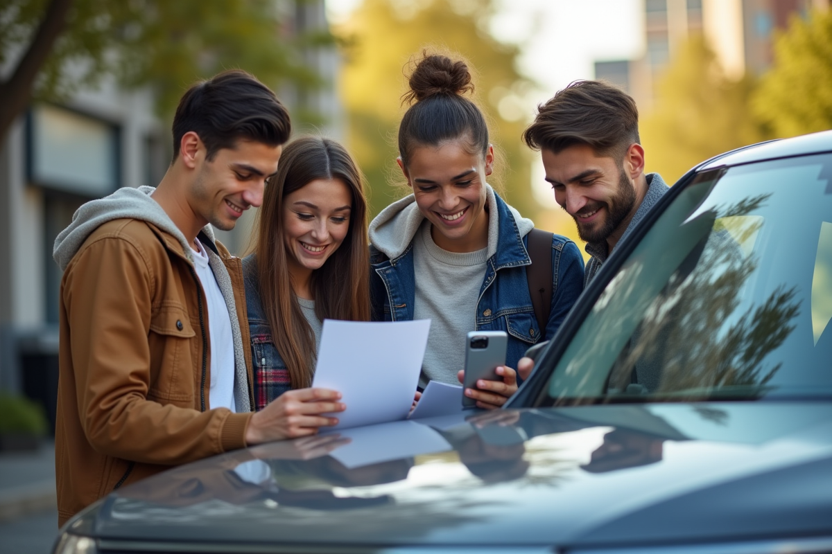 Groupe de jeunes examinant une voiture avec document d