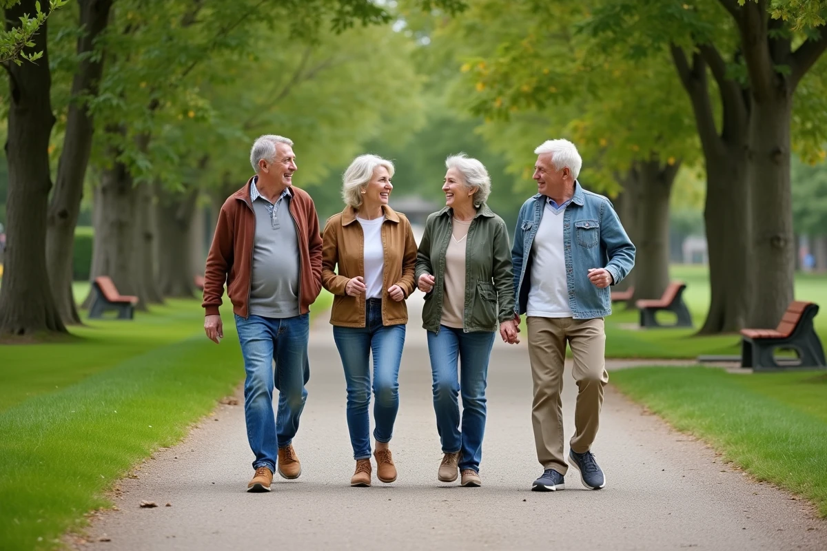 Groupe de seniors marchant dans un parc ensoleille