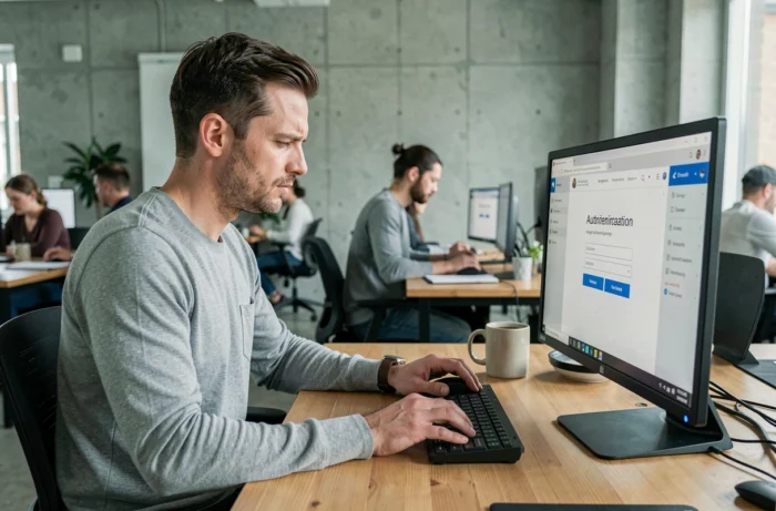 Homme accédant à sa messagerie Alice webmail dans un espace de co-working avec un ordinateur de bureau