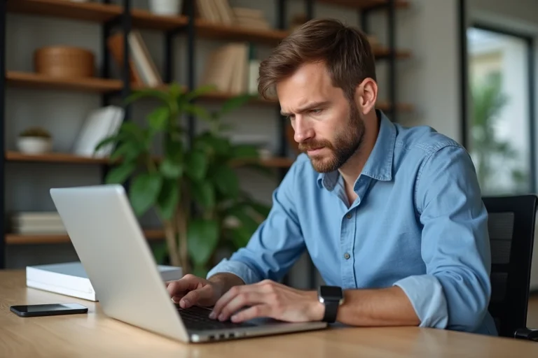 Homme d'âge moyen travaillant à son bureau avec routeur internet