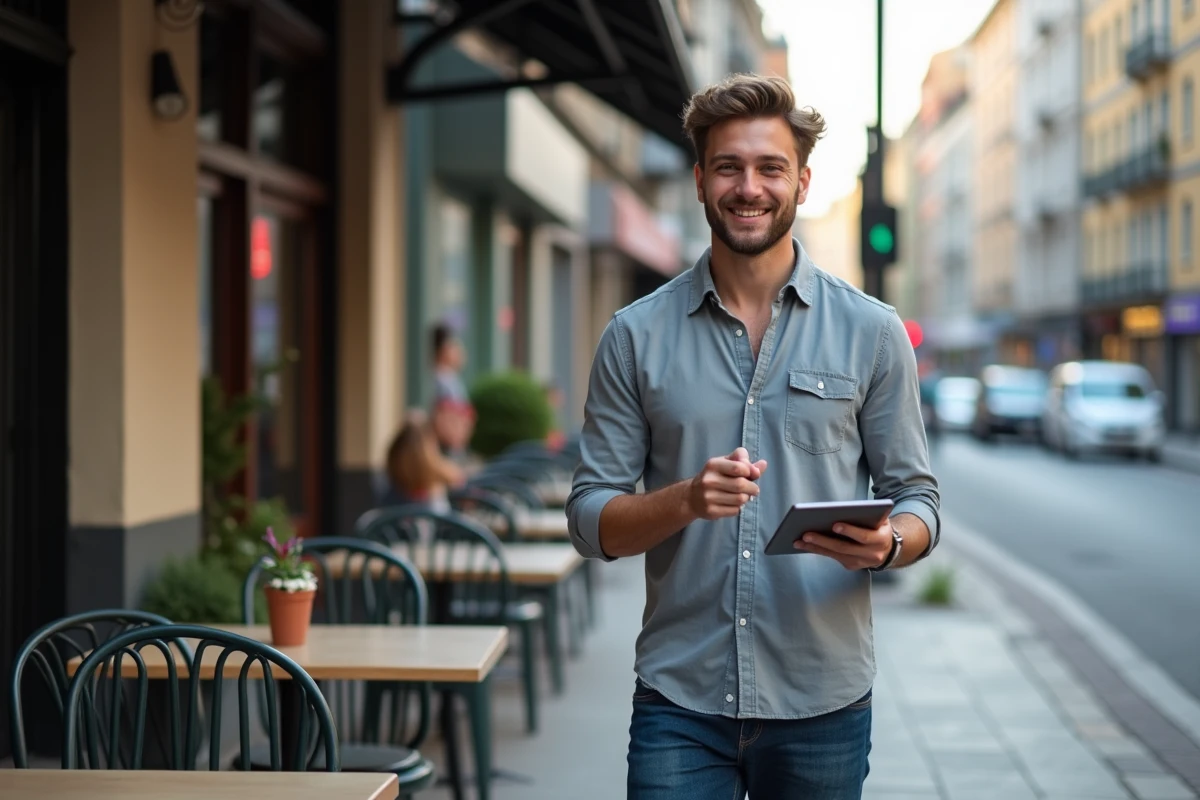 Homme discutant avec un ami en tenant une tablette avec graphique Instagram