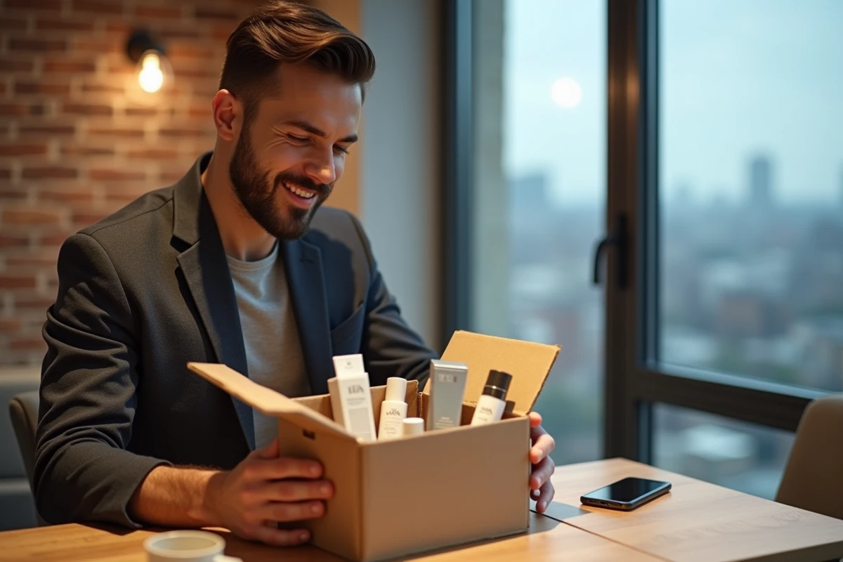 Homme déballant un colis de produits de beauté en ville