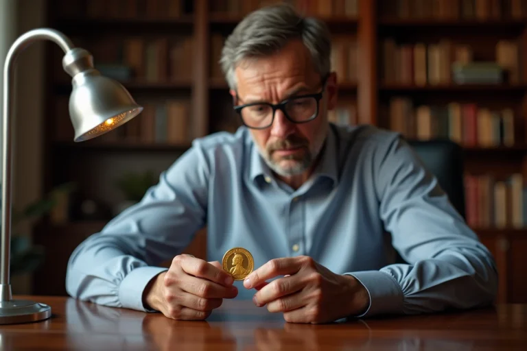 Homme d'affaires examine une pièce d'or avec loupe dans un bureau