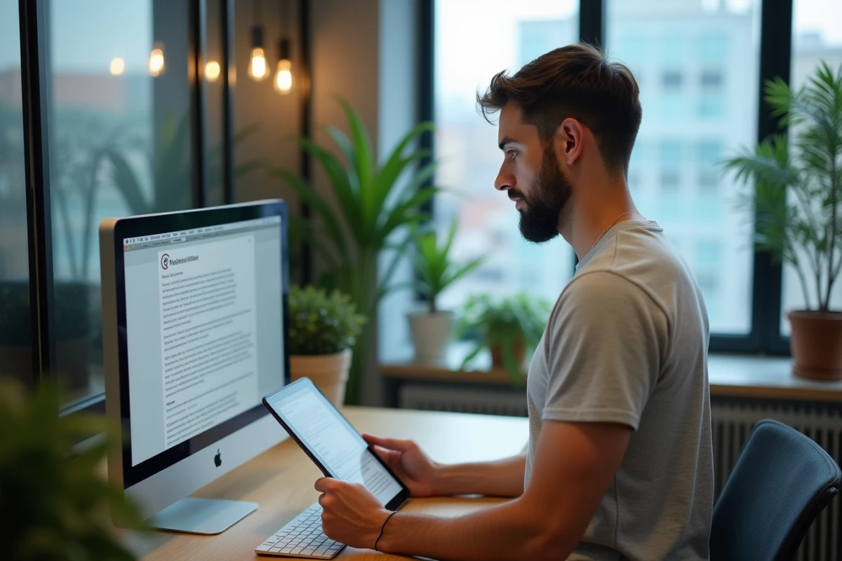 Homme étudiant un PDF sur une tablette dans un espace coworking