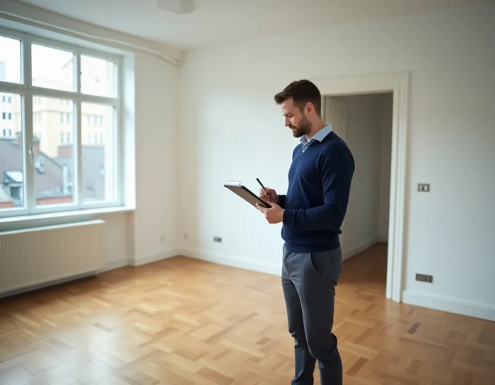 Homme prenant des notes lors d'une visite d'appartement vide avec parquet et grandes fenêtres
