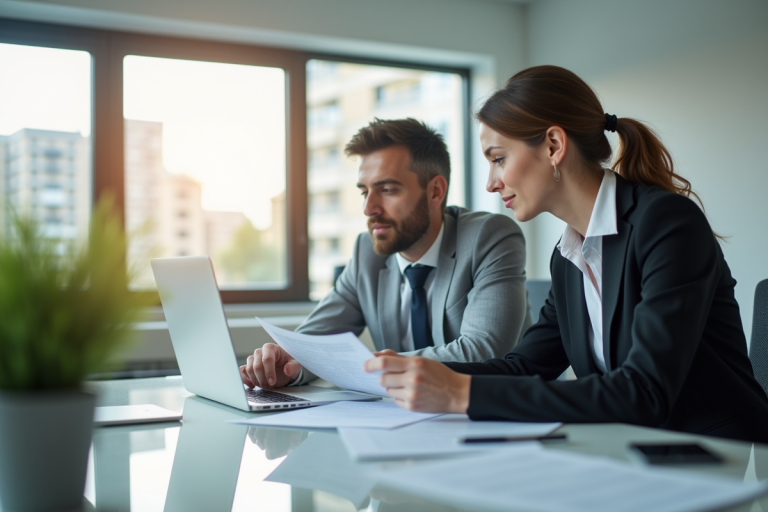 Homme et femme d'affaires vérifiant documents d'assurance voiture