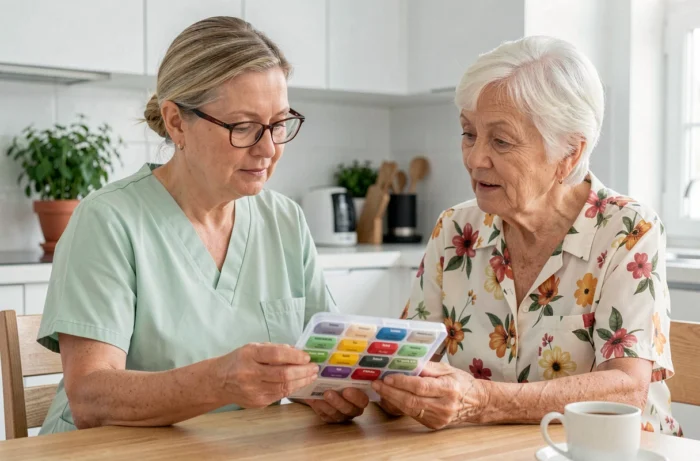 Infirmière à domicile aidant une senior à organiser ses médicaments dans une cuisine moderne