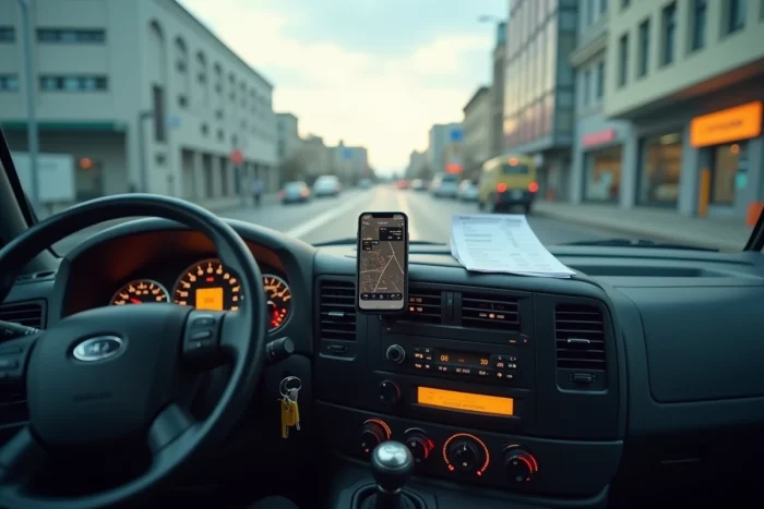 Tableau de bord intérieur d'un camion de location 6m3 avec GPS et clés de location posées sur la console centrale