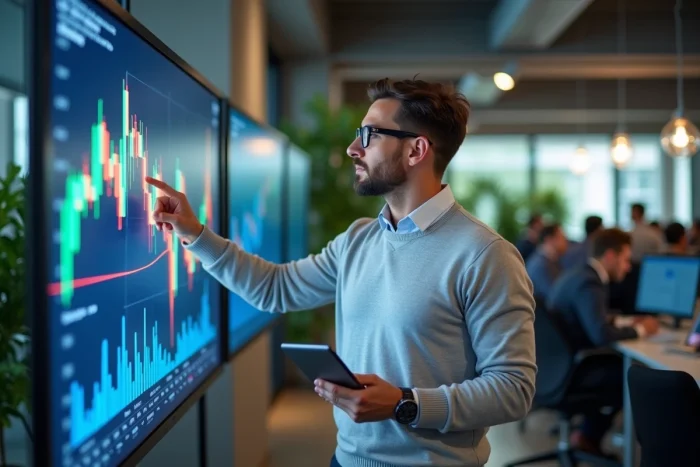 Investisseur adulte analysant des données boursières sur un grand écran interactif dans un bureau moderne de type fintech