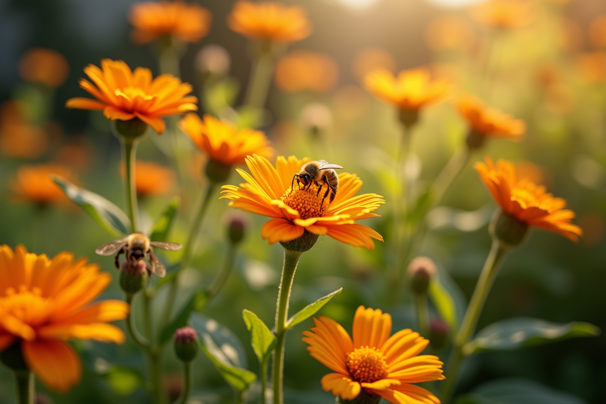 Jardin ensoleille avec abeilles et papillons parmi les fleurs