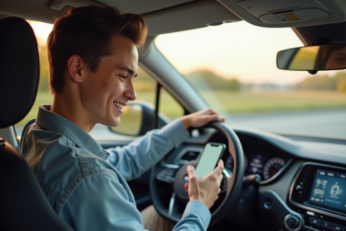 Jeune conducteur souriant utilisant une application mobile dans une voiture moderne
