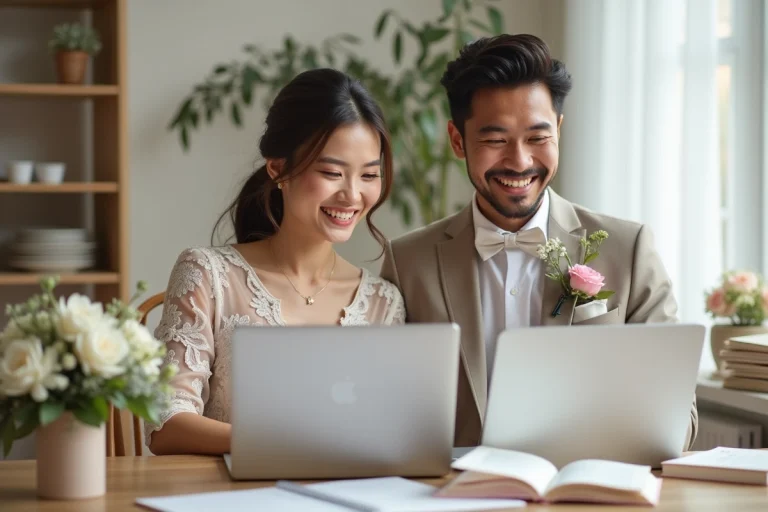 Jeune couple en tenue de mariage planifiant leur mariage au bureau