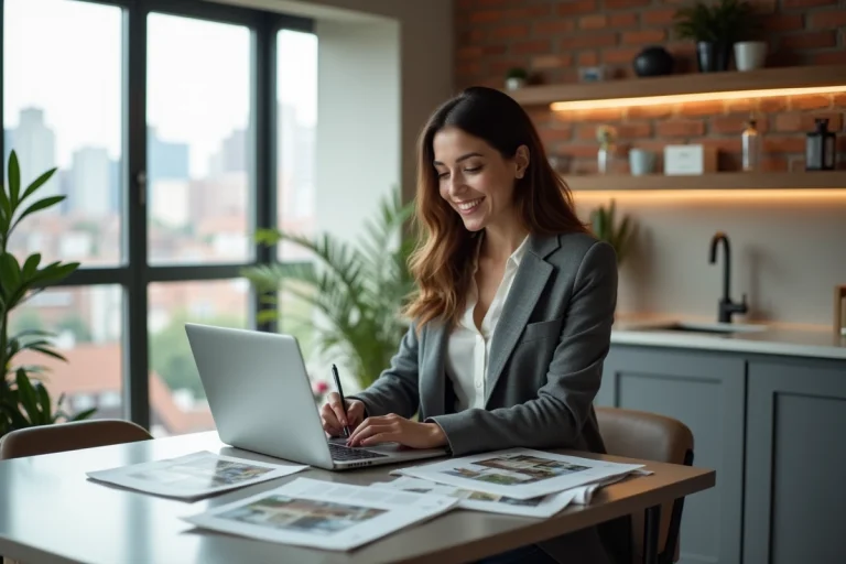 Jeune femme souriante dans un appartement moderne avec brochures immobilières