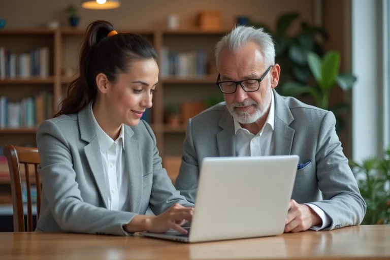 Jeune femme discutant avec un mentor universitaire dans un espace moderne