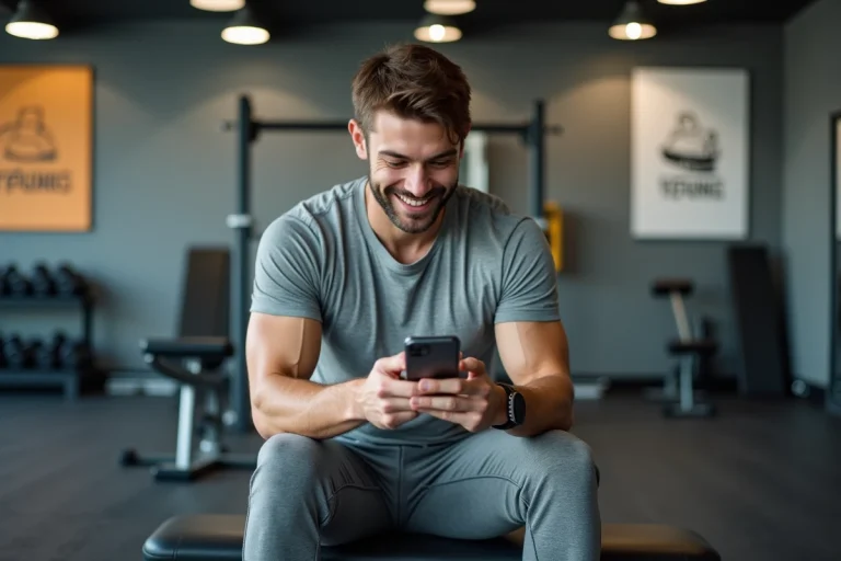 Jeune homme français souriant dans une salle de sport moderne
