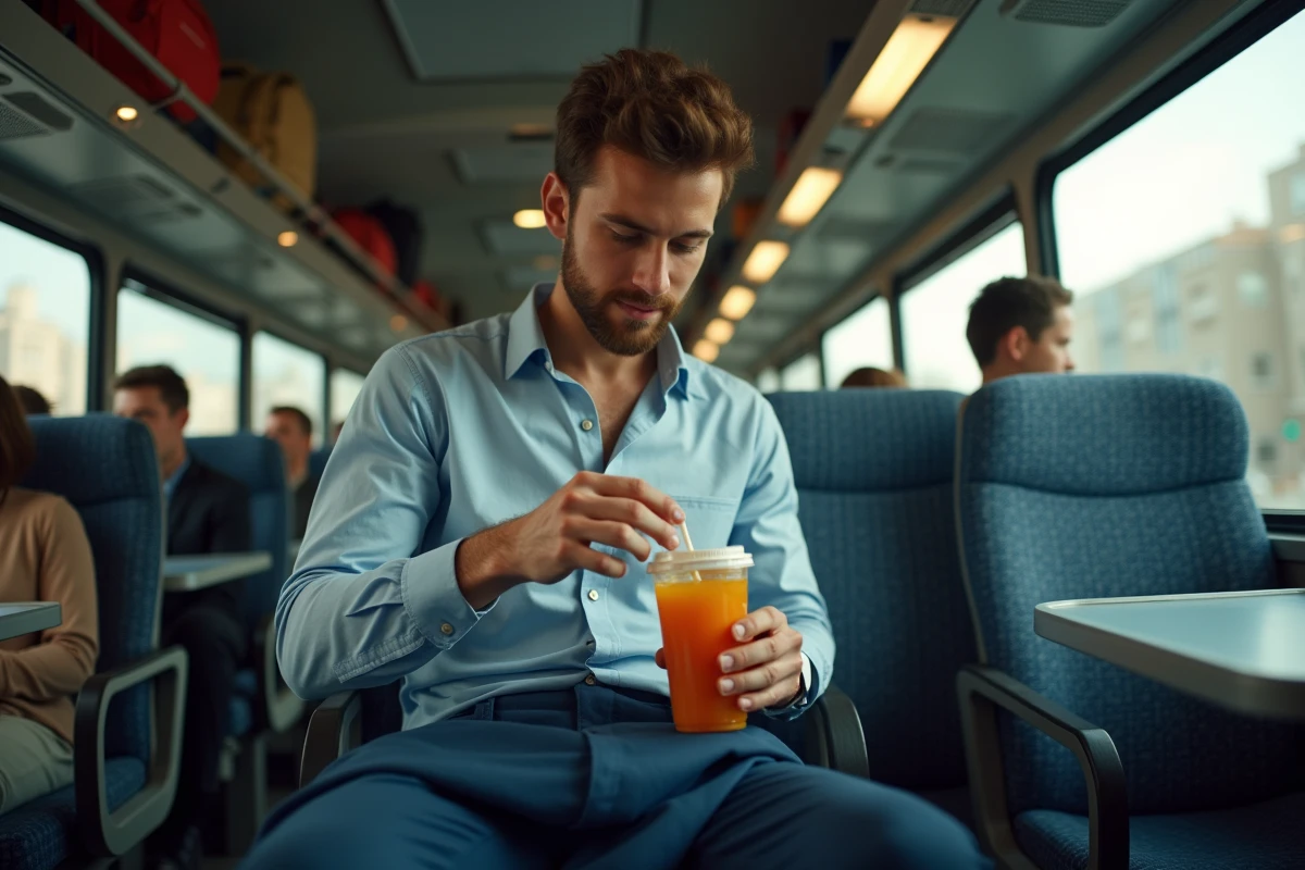 Jeune homme versant du jus dans un bus confortable