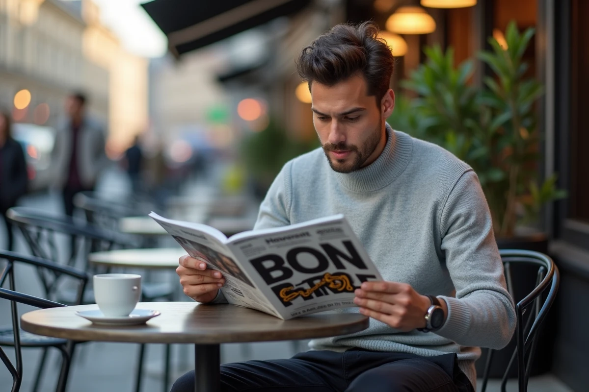 Jeune homme lit un magazine dans un café en extérieur