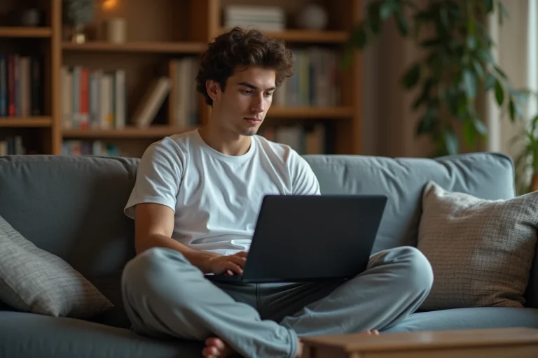 Jeune homme regardant un match de football sur son ordinateur