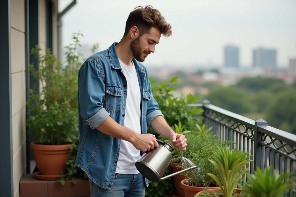 Jeune homme arrose des herbes sur un balcon urbain