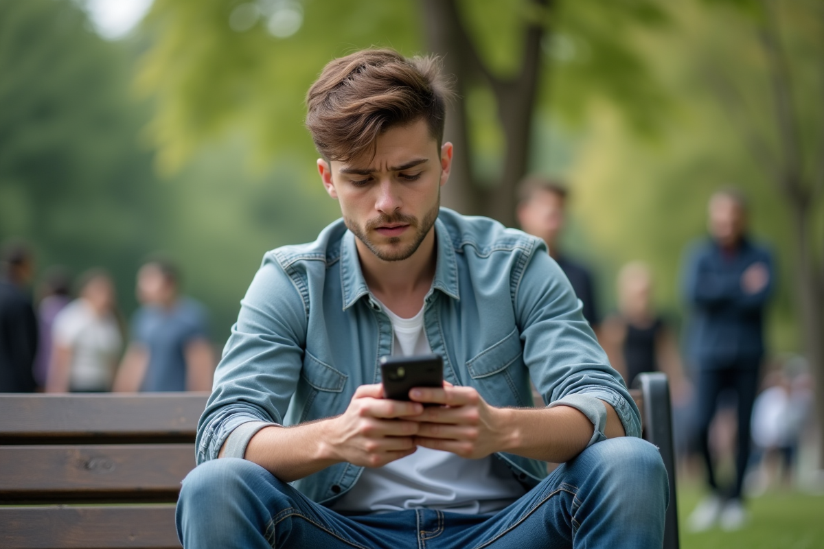 Jeune homme inquiet regardant son téléphone dans un parc