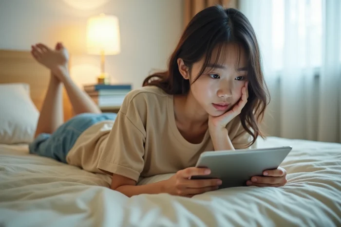 Jeune femme lisant des mangas sur une tablette allongée sur son lit avec des volumes empilés sur la table de nuit