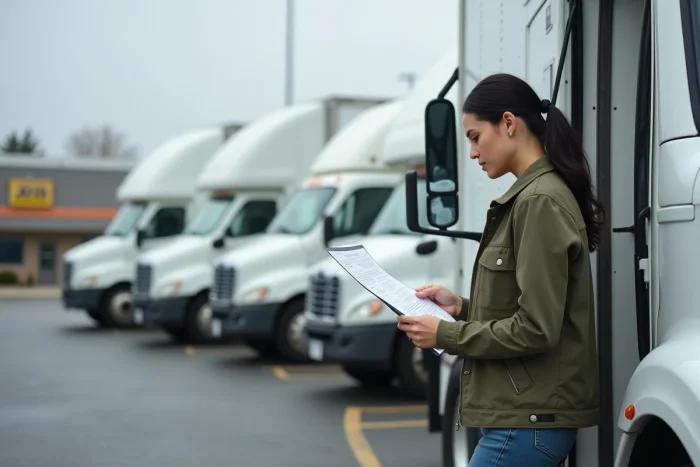 Femme consultant un contrat de location de camion 6m3 dans un parking d'agence de location