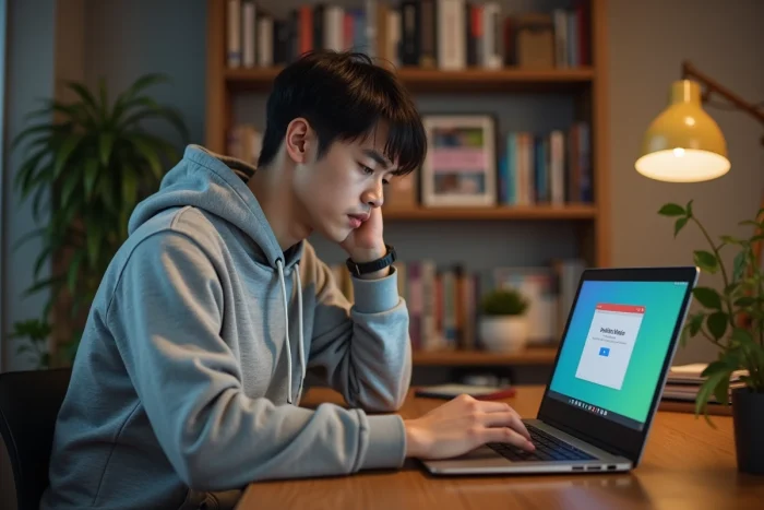 Jeune homme frustré devant un écran d'erreur avec des mangas posés sur son bureau