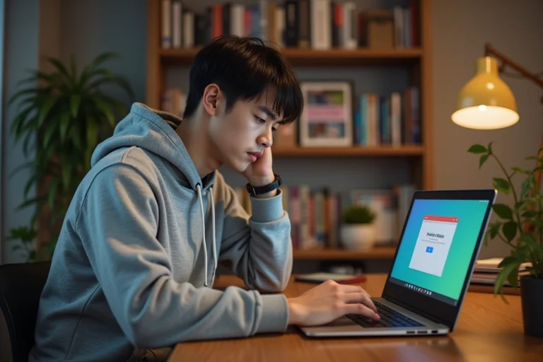 Jeune homme frustré devant un écran d'erreur avec des mangas posés sur son bureau